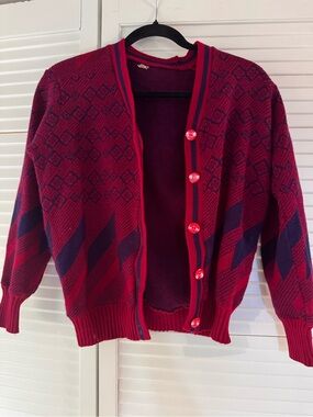 Vintage 70’s 80’s Red Patterned Button-Up Sweater Cardigan